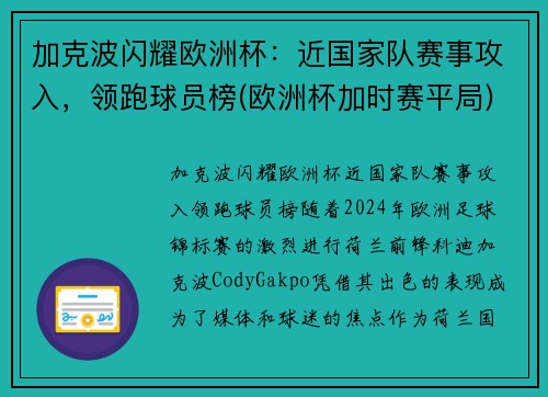 加克波闪耀欧洲杯：近国家队赛事攻入，领跑球员榜(欧洲杯加时赛平局)