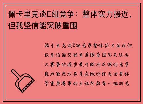 佩卡里克谈E组竞争：整体实力接近，但我坚信能突破重围